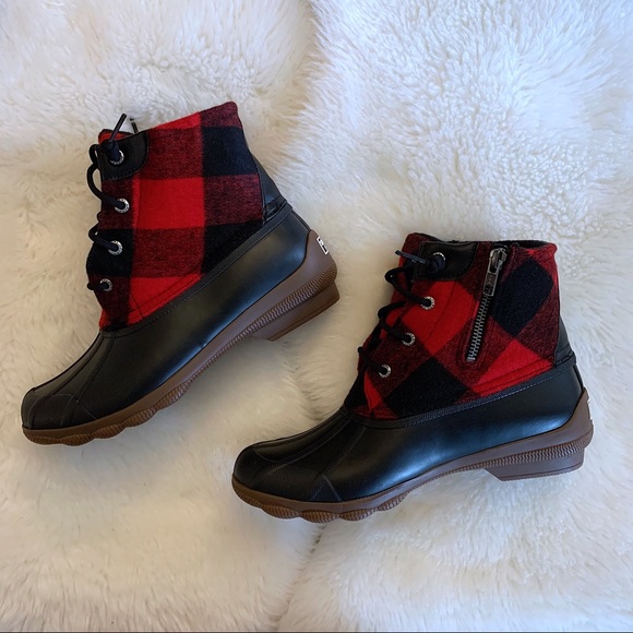 red sperry rain boots